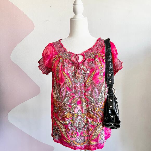 Paisley Peasant Sequin Top, Boho Chic Y2K Festival Hippie Eclectic Vintage Small - Picture 1 of 8